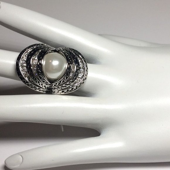 Pearl Cocktail Ring Size 6 Art Deco Statement Vintage Style Silver RhodiumPlated - Picture 3 of 12